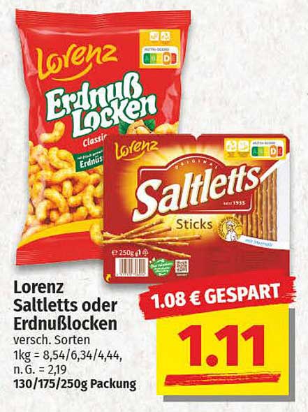 Lorenz Saltletts oder Erdnusslocken 250g Packung für nur 1,11 €