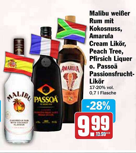 Malibu weißer Rum mit Kokosnuss, Amarula Cream Likör, Peach Tree, Pfirsich Likör o. Passoã Passionsfrucht-Likör