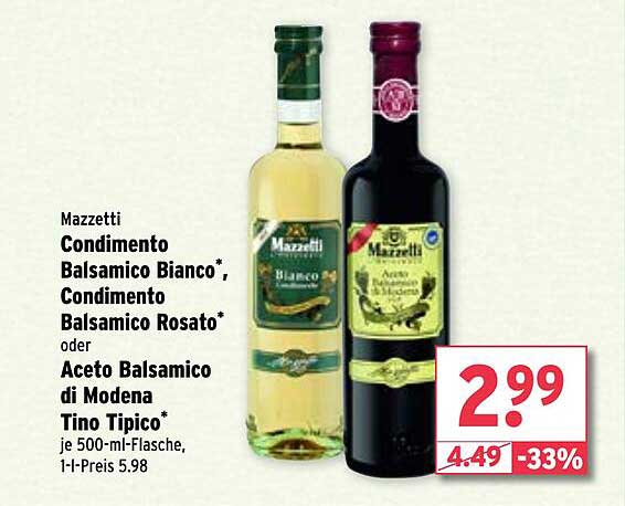 Mazzetti Condimento Balsamico Bianco und Rosato oder Aceto Balsamico di Modena Tino Tipico, je 500-ml-Flasche