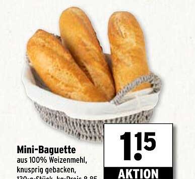 Mini-Baguette aus 100% Weizenmehl, knusprig gebacken, 120 g Stück