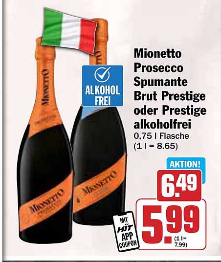 Mionetto Prosecco Spumante Brut Prestige oder Prestige alkoholfrei 0,75 l Flasche