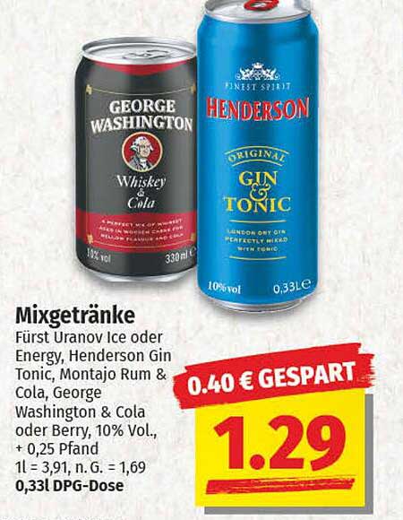Mixgetränke: George Washington Whiskey & Cola, Henderson Gin Tonic und mehr