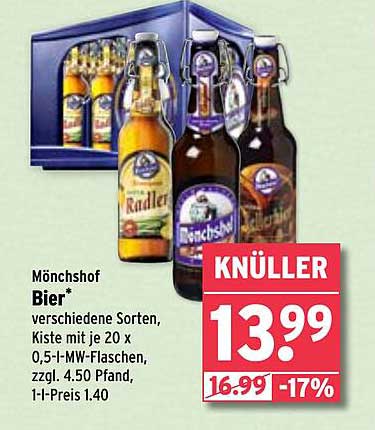 Mönchshof Bier - verschiedene Sorten, Kiste mit je 20 x 0,5-l-MW-Flaschen