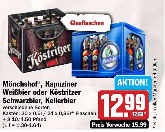Mönchshof, Kapuziner Weißbier oder Köstritzer Schwarzbier, Kellerbier