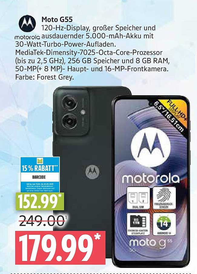 Moto G55 - 120-Hz-Display, 256 GB Speicher, 8 GB RAM