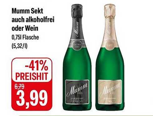 Mumm Sekt auch alkoholfrei oder Wein 0,75l Flasche