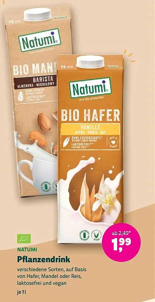 NATUMI Pflanzendrink - verschiedene Sorten, auf Basis von Hafer, Mandel oder Reis, laktosefrei und vegan