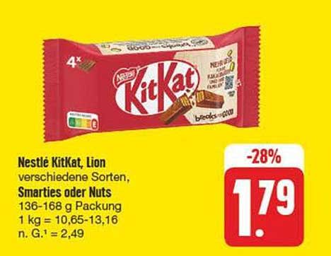 Nestlé KitKat, Lion verschiedene Sorten, Smarties oder Nuts - 4er Packung