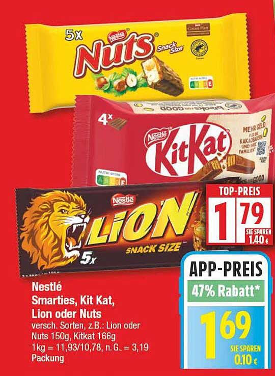 Nestlé Smarties, Kit Kat, Lion oder Nuts - Snack Size Packung