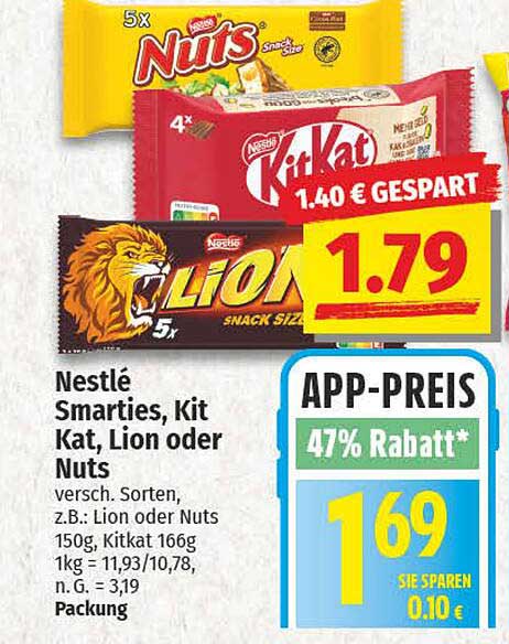 Nestlé Smarties, Kit Kat, Lion oder Nuts