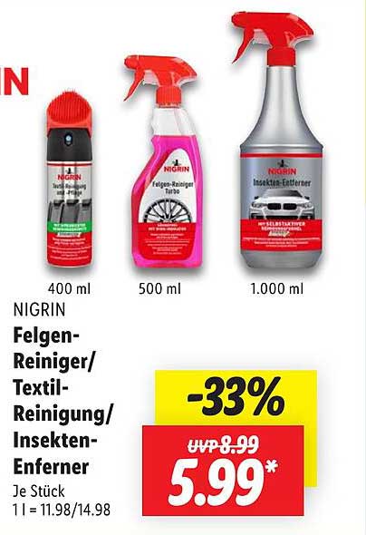 NIGRIN Felgen-Reiniger/Textil-Reinigung/Insekten-Entferner
