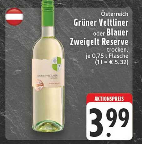 Österreich Grüner Veltliner oder Blauer Zweigelt Reserve trocken, je 0,75 l Flasche
