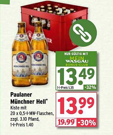 Paulaner Münchner Hell Kiste mit 20 x 0,5-l-MW-Flaschen