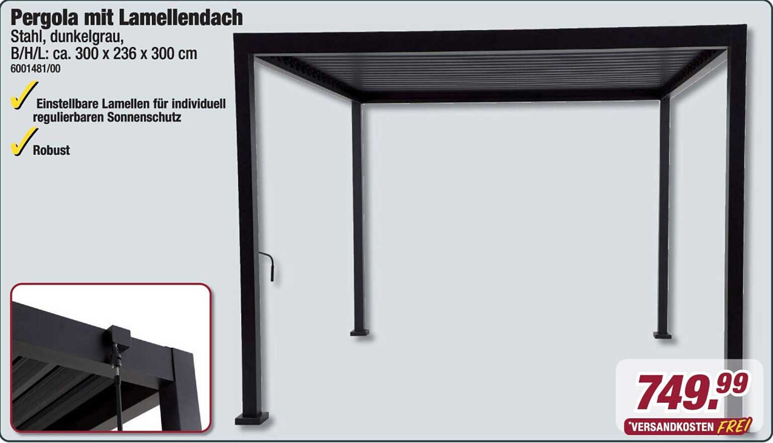 Pergola mit Lamellendach, Stahl, dunkelgrau, B/H/L: ca. 300 x 236 x 300 cm