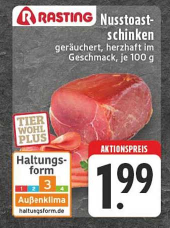Rasting Nusstoastschinken, geräuchert, herzhaft im Geschmack, je 100 g