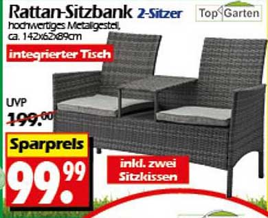 Rattan-Sitzbank 2-Sitzer mit integriertem Tisch und zwei Sitzkissen