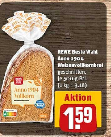 REWE Beste Wahl Anno 1904 Weizenvollkornbrot, geschnitten, je 500-g Btl.