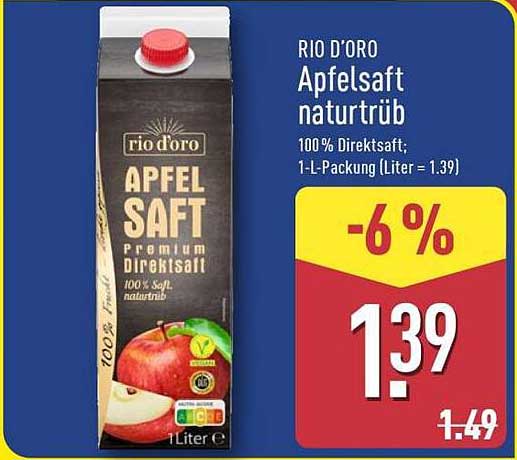 RIO D'ORO Apfelsaft naturtrüb 100% Direktsaft, 1-L-Packung