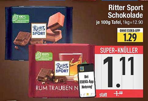 Ritter Sport Schokolade je 100g Tafel, 1kg = 12,90