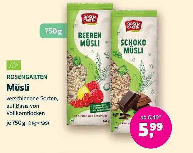ROSENGARTEN Müsli verschiedene Sorten, auf Basis von Vollkornflocken je 750 g