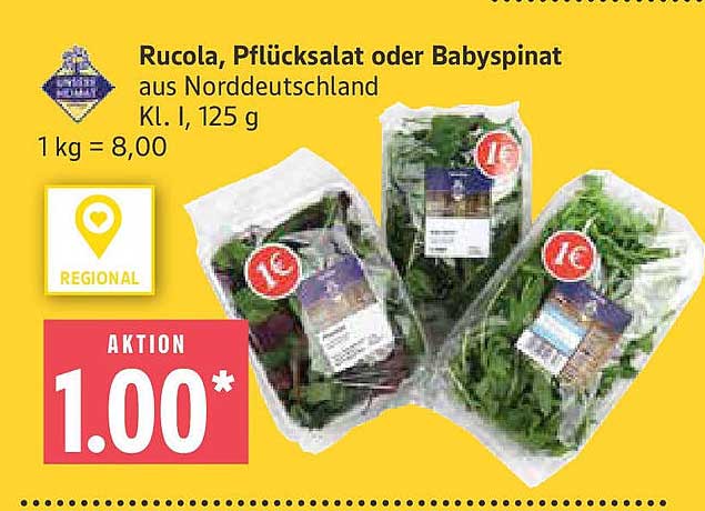 Rucola, Pflücksalat oder Babyspinat aus Norddeutschland, 125 g