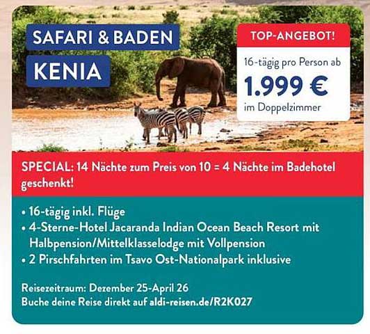 Safari & Baden Kenia - 16-tägige Reise ab 1.999 € pro Person