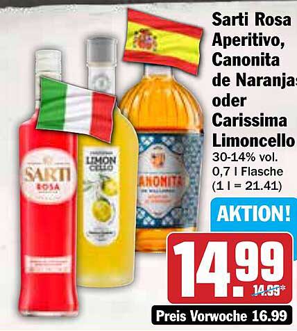 Sarti Rosa Aperitivo, Canonita de Naranja oder Carissima Limoncello
