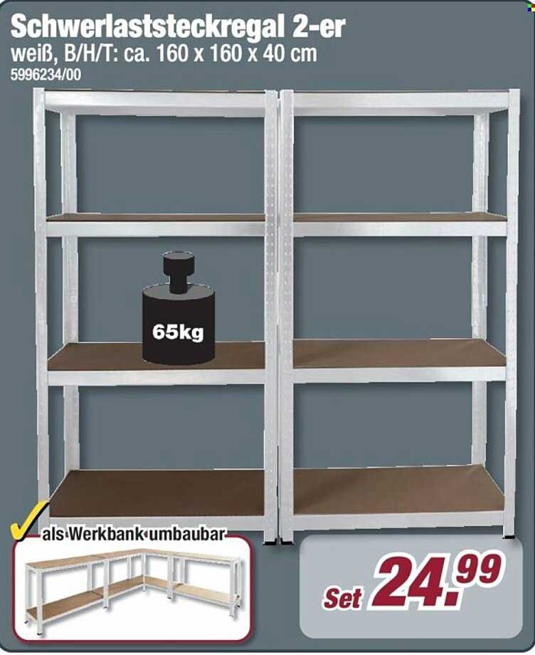 Schwerlaststeckregal 2-er weiß, B/H/T: ca. 160 x 160 x 40 cm
