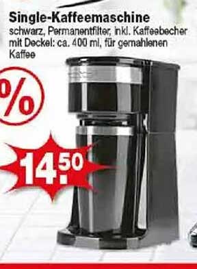 Single-Kaffeemaschine schwarz, Permanentfilter, inkl. Kaffee-becher mit Deckel