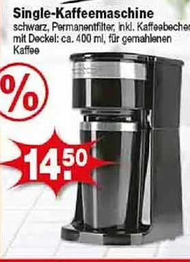 Single-Kaffeemaschine schwarz, Permanentfilter, inkl. Kaffeebecher mit Deckel ca. 400 ml, für gemahlenen Kaffee