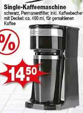 Single-Kaffeemaschine schwarz, Permanentfilter, inkl. Kaffeebecher mit Deckel: ca. 400 ml, für gemahlenen Kaffee