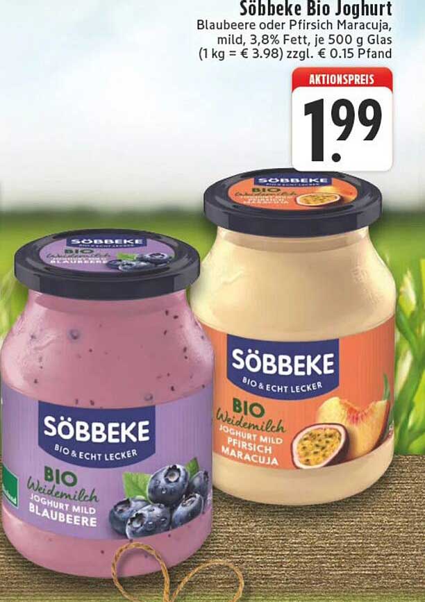 Söbbeke Bio Joghurt Blaubeere oder Pfirsich Maracuja, mild, 3,8% Fett, je 500 g Glas