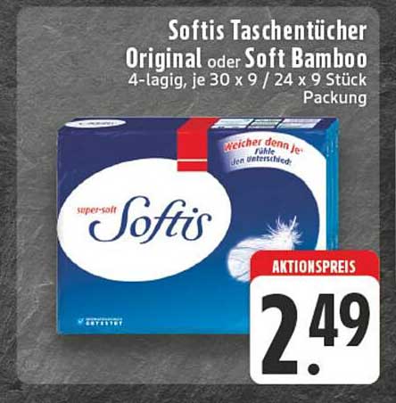 Softis Taschentücher Original oder Soft Bamboo 4-lagig, je 30 x 9 / 24 x 9 Stück Packung