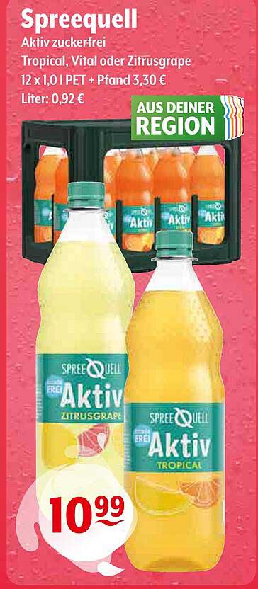 Spreequell Aktiv zuckerfrei – Tropical, Vital oder Zitrusgrape 12 x 1,0 l PET