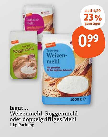 tegut... Weizenmehl, Roggenmehl oder doppelgriffiges Mehl 1 kg Packung