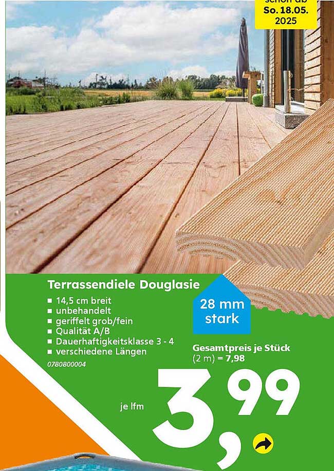 Terrassendiele Douglasie 14,5 cm breit, unbehandelt, geriffelt, Qualität A/B, 28 mm stark