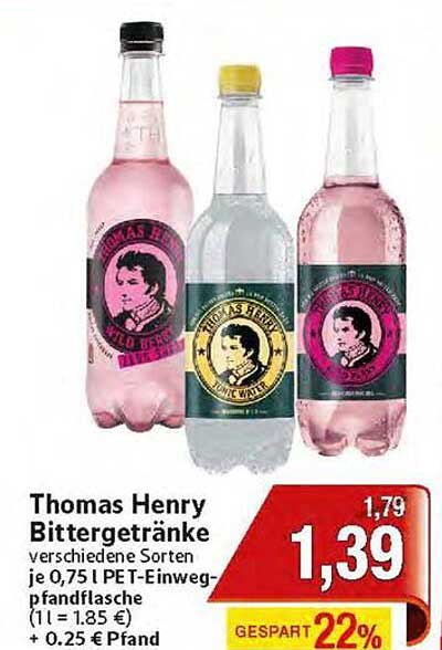 Thomas Henry Bittergetränke verschiedene Sorten 0,75 l PET-Einwegpfandflasche