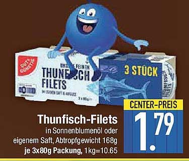 Thunfisch-Filets in Sonnenblumenöl oder eigenem Saft, Abtropfgewicht 168g, je 3x80g Packung