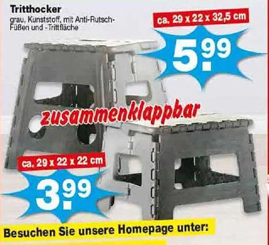 Tritthocker grau, Kunststoff, mit Anti-Rutsch-Füßen und -Trittfläche