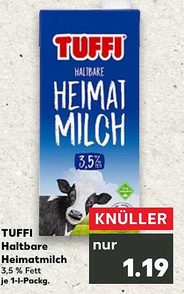 TUFFI Haltbare Heimatmilch 3,5 % Fett je 1-L-Pack.