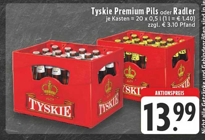 Tyskie Premium Pils oder Radler - Kasten mit 20 x 0,5 l
