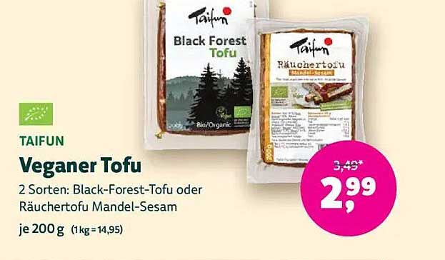 Vegane Tofu-Varianten von Taifun – Black Forest Tofu oder Räuchertofu Mandel-Sesam