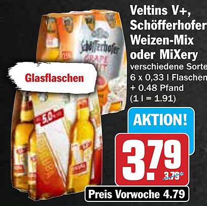 Veltins V+, Schöfferhofer Weizen-Mix oder MiXery 6 x 0,33 L Glasflaschen
