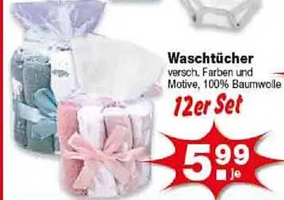 Waschtücher, 12er Set, verschiedene Farben und Motive, 100% Baumwolle