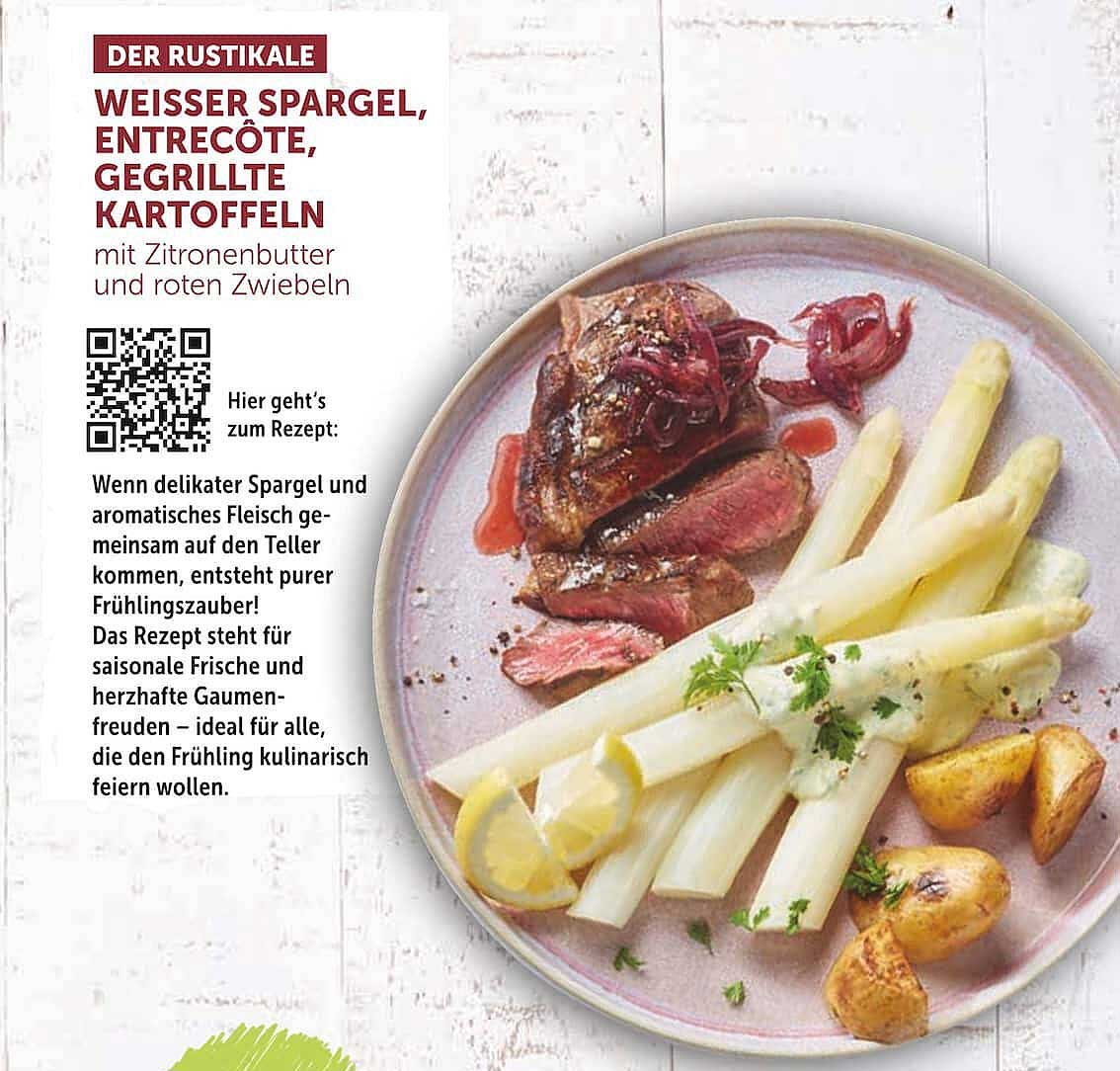 Weißer Spargel, Entrecôte, gegrillte Kartoffeln mit Zitronenbutter und roten Zwiebeln