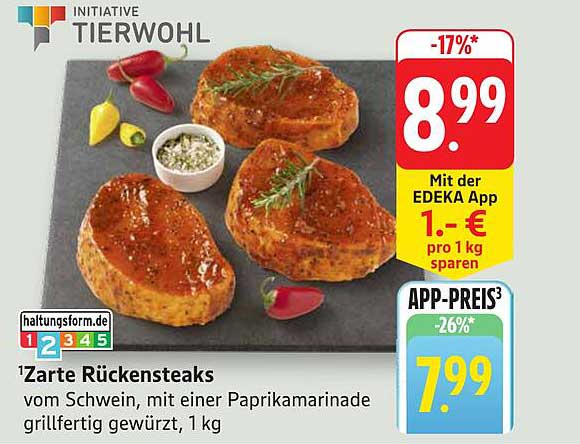 Zarte Rückensteaks vom Schwein, mit einer Paprikamarinade grillfertig gewürzt, 1 kg