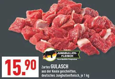 Zartes Gulasch aus der Keule geschnitten, deutsches Jungbullenfleisch, je 1 kg