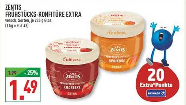 Zentis Frühstücks-Konfitüre Extra – Erdbeere und Aprikose, 230 g Glas