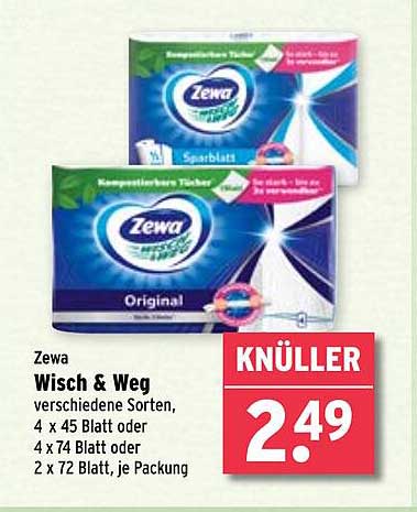 Zewa Wisch & Weg – verschiedene Sorten, 4 x 45 Blatt oder 4 x 74 Blatt oder 2 x 72 Blatt, je Packung
