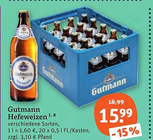Gutmann Hefeweizen verschiedene Sorten, 1 l = 1,60 €, 20 x 0,5 l Fl./Kasten, zzgl. 3,10 € Pfand